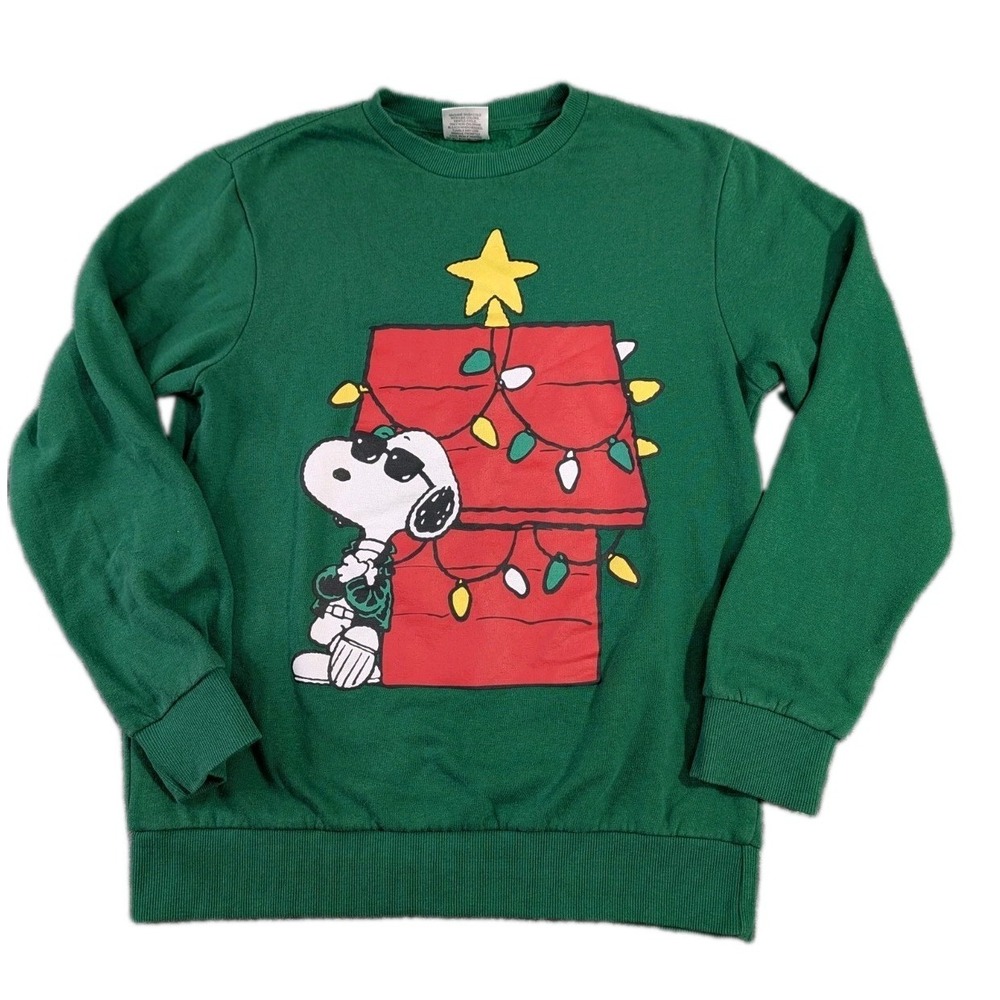 Peanuts Snoopy Christmas Sweatshirt Womens S Green Pullover Holiday Festive